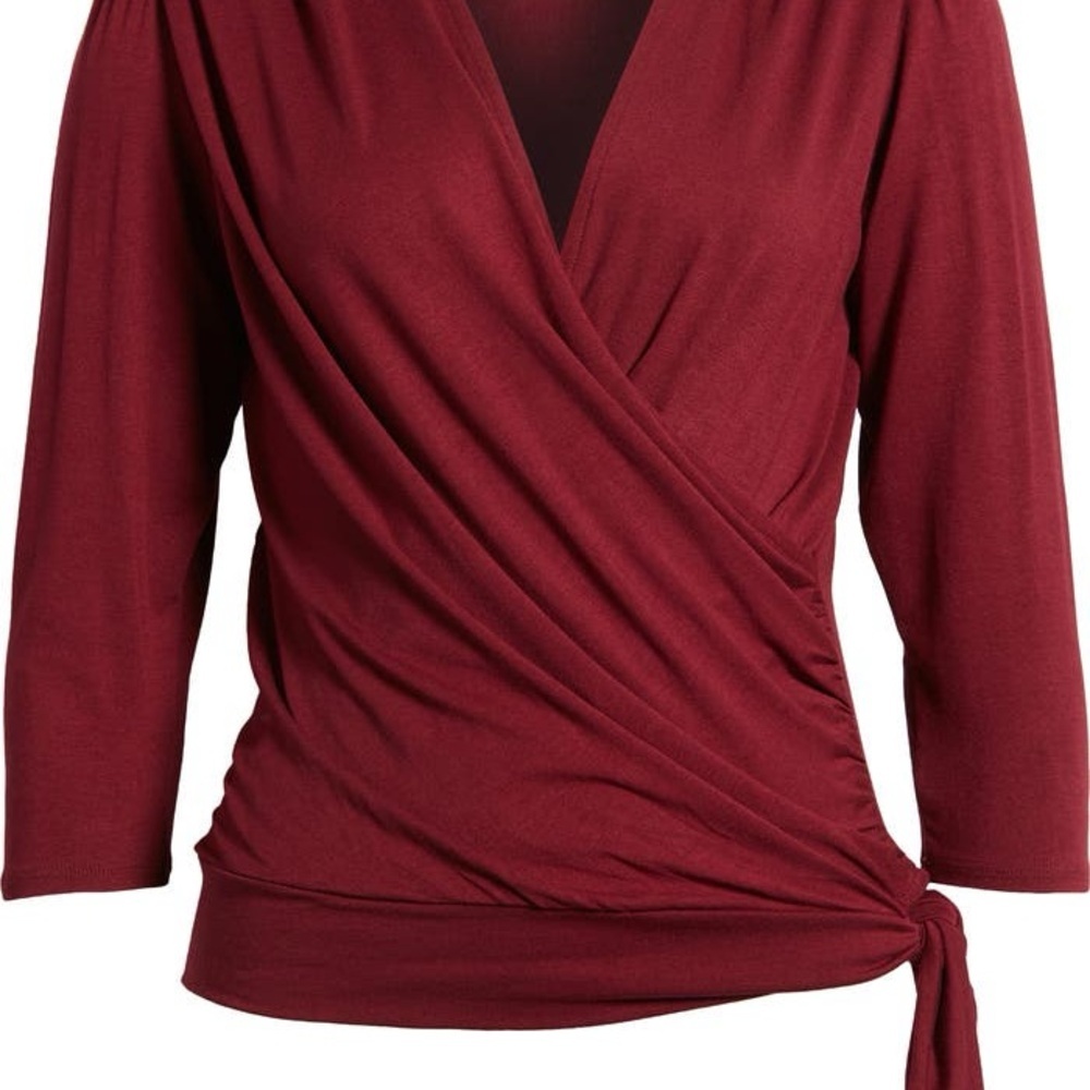 Loveappella Elegant Burgundy Faux Tie Wrap Top Size Small New WOT - Picture 5 of 9